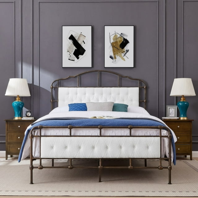 TOYTEXX King Size Metal Bed Frame with Tufted White Boucle Headboard, Wooden Slats, No Box Spring Needed