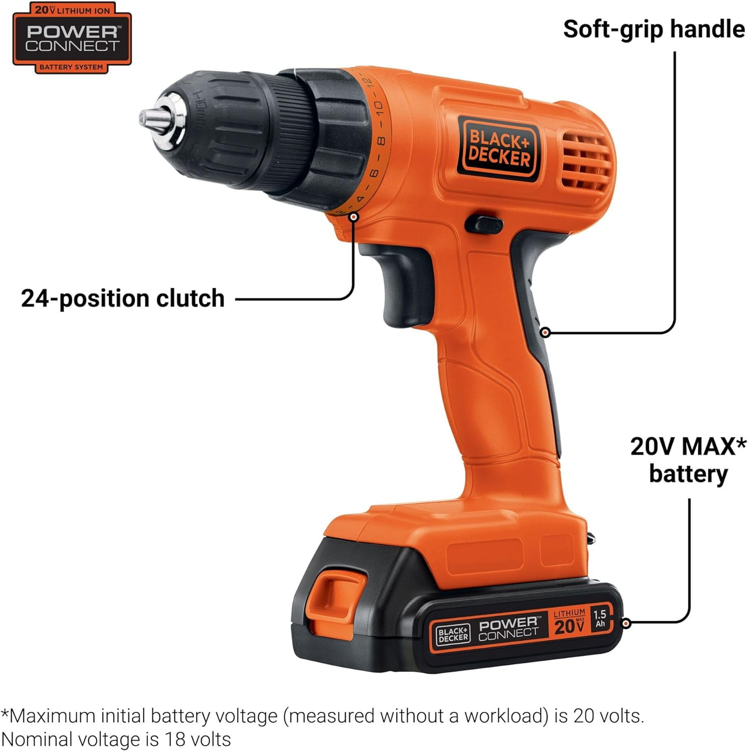 20V MAX POWERCONNECT Power Drill Cordless Drill Driver Electric Screwdriver with 30 Piece Bit Set, Battery and Charger Included (LD120VA)