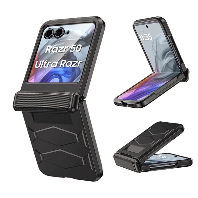 Vizvera para Motorola Razr 50 Ultra/Razr 60 Pro Funda Tipo Armadura para Teléfono, con Cubierta de Bisagra, Protector de Pantalla Integrado, Funda a Prueba de Golpes con Carga Inalámbrica - Negro
