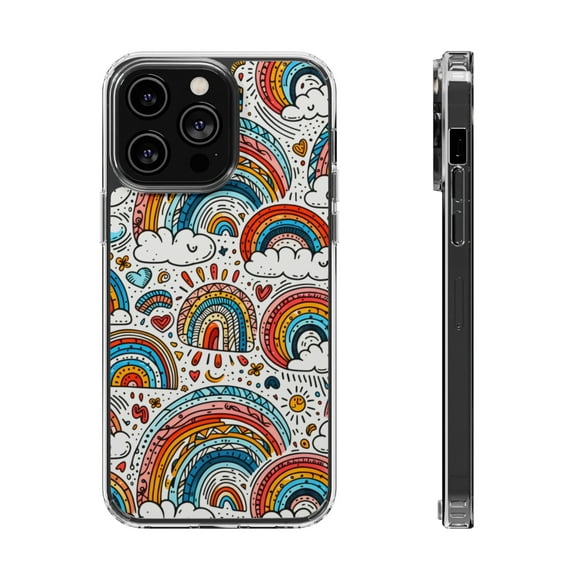 DistinctInk Hybrid (Acrylic / TPU) Clear Slim Fit Case for Apple iPhone 14 Pro (6.1" Screen) - Whimsical Rainbow Delight on White