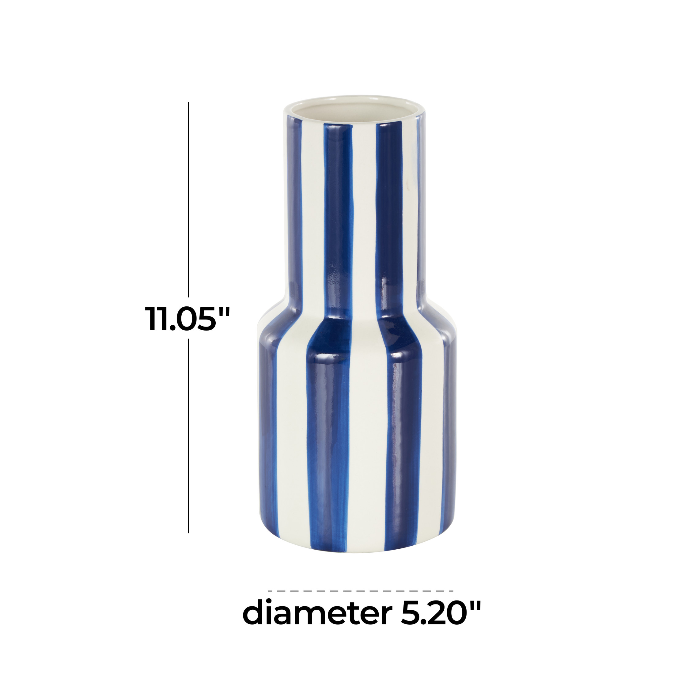 DecMode 11" Round Blue Ceramic Vase with White Vertical Stripes