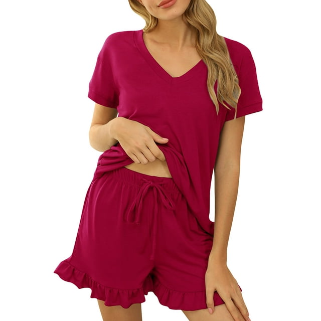 UKAP Ladies Sleepwear V Neck Pajamas Sets Ruffle Two Piece Outfits Loose Sleep Nightwear Red L