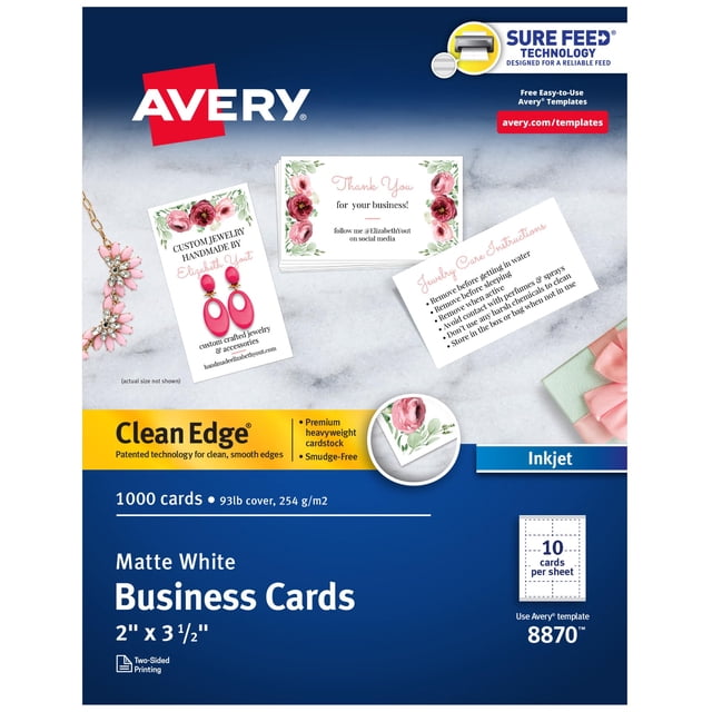 Tarjetas de presentación Avery Clean Edge de 2 x 3,5 cm, 1000 unidades, color blanco