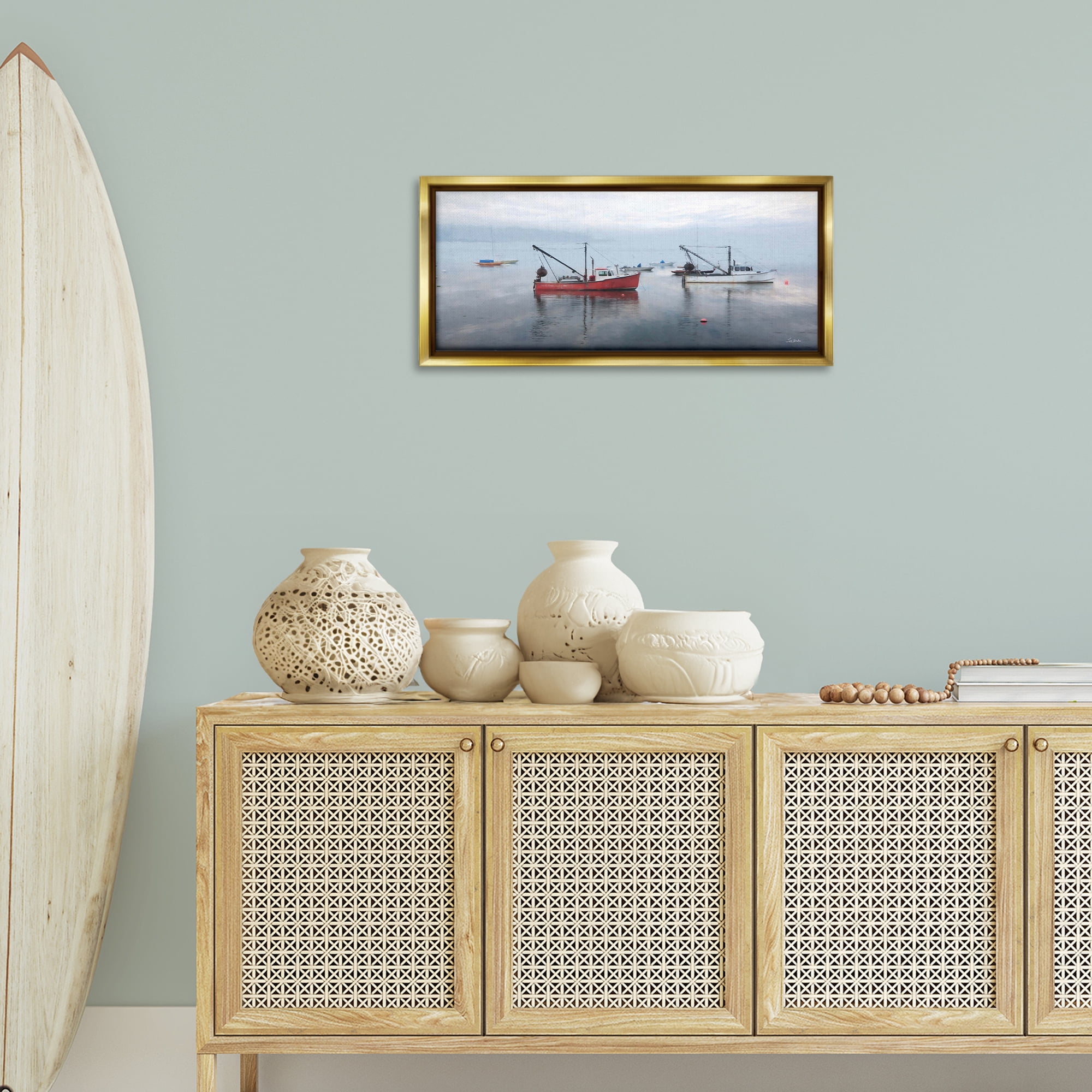 Stupell Industries Boat Harbor Seascape Nautical & Beach Photography Gold Floater Framed Canvas Art Print Wall Art, 31 x 14