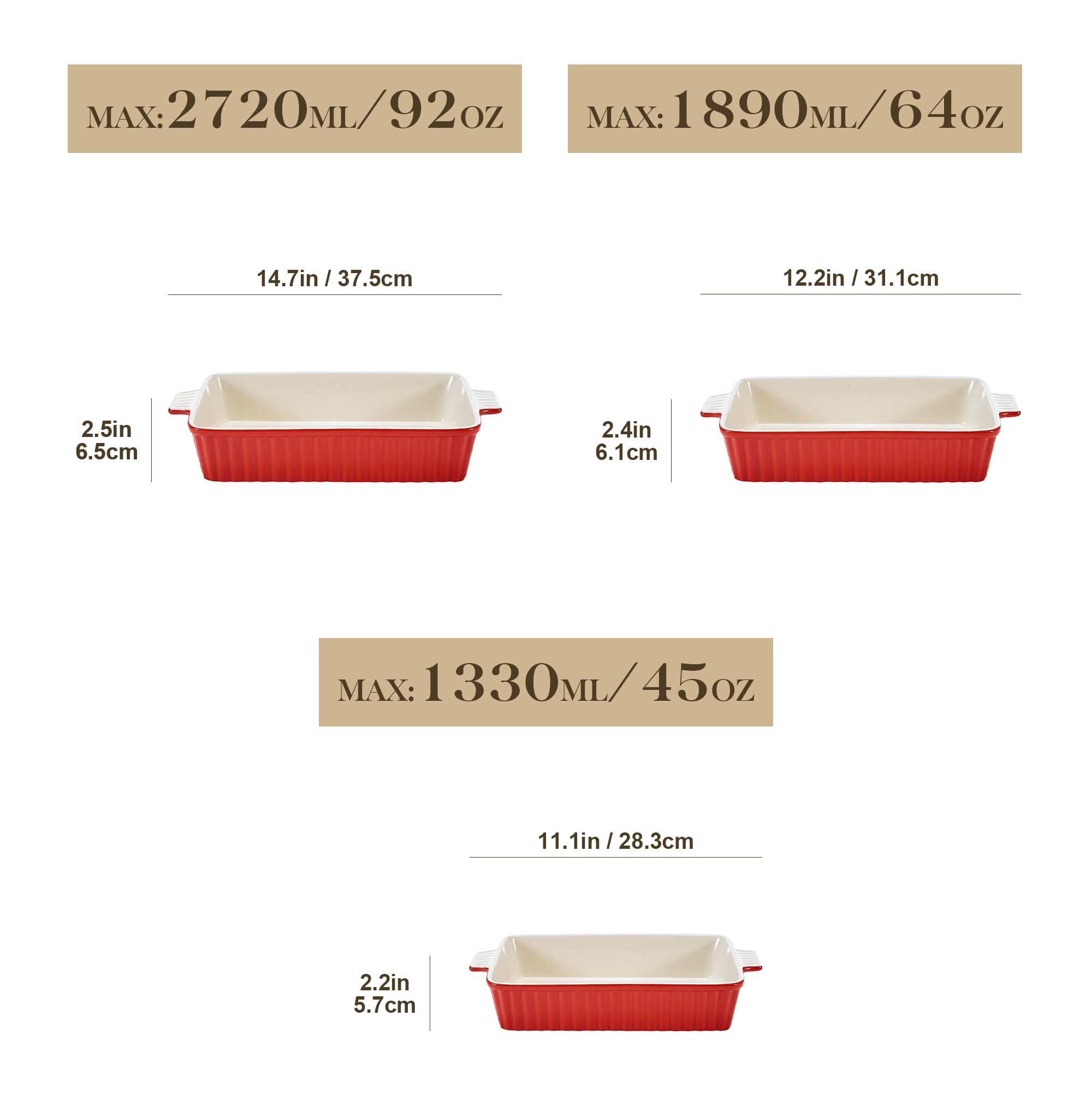 Vancasso Ceramic Baking Dish Set, Thick Casserole Dish for Oven with Handles, Deep Bakeware Sets of 3 for Baking, Lasagna Pan, Red