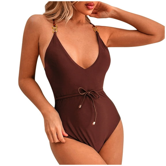 Lindreshi One Piece Swimsuits for Women Women's Seaside Vacation Solid Color V-Neck Suspenders Sexy One-Piece Swimsuit