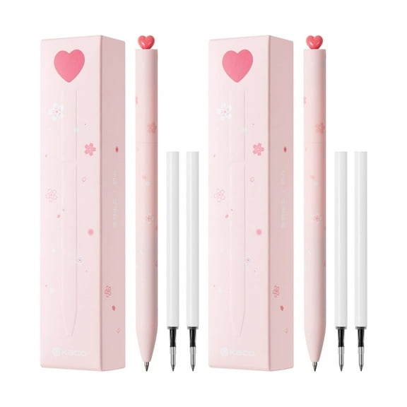Kaco FIRST Gel Pens Cute Stationery, Pack of 2 Pieces Heart Pen Set with Extra 4 Black Refills (2 Pink)