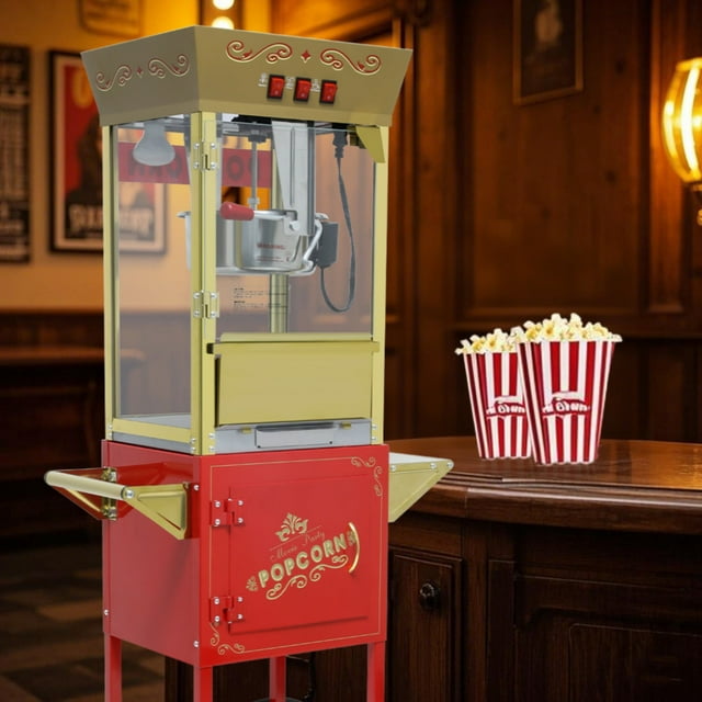 48-Cup 12oz Vintage Popcorn Machine Cart, Red, for Party