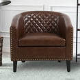 thumbnail image 2 of SESSLIFE Classic Brown Leather Upholstered Accent Arm Chair Soft Barrel Club Chairs for Living Room Comfy Single Sofa Office Guest Chatting Chair with Solid Wood Legs and Nailhead for Bedroom, 2 of 7