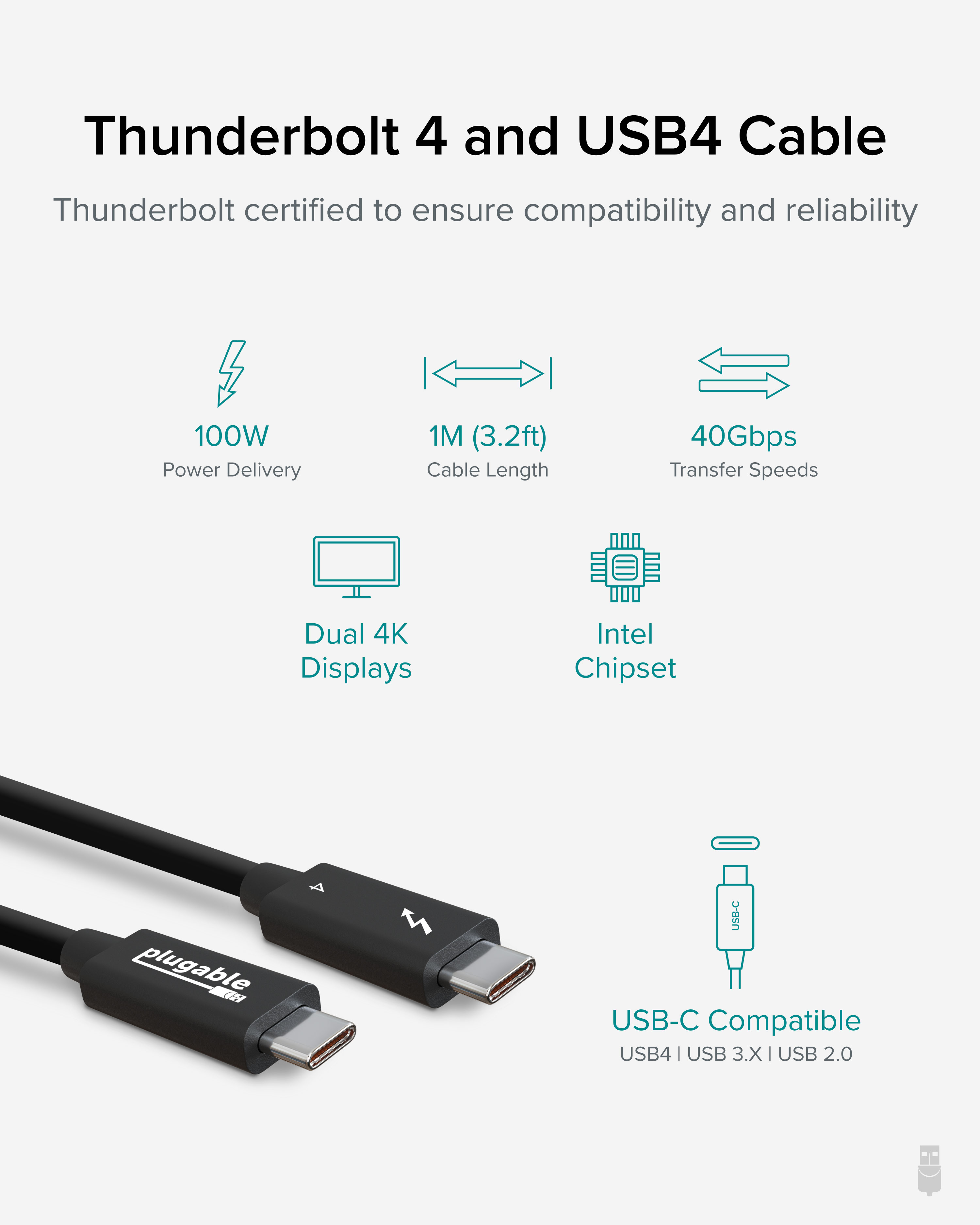 Plugable Thunderbolt 4 Cable [Thunderbolt Certified] 3.2ft USB4 Cable with 100W Charging, Single 8K or Dual 4K Displays, 40Gbps Data Transfer, Compatible with Thunderbolt 4, USB4, Thunderbolt 3, USB-C - image 3 of 7