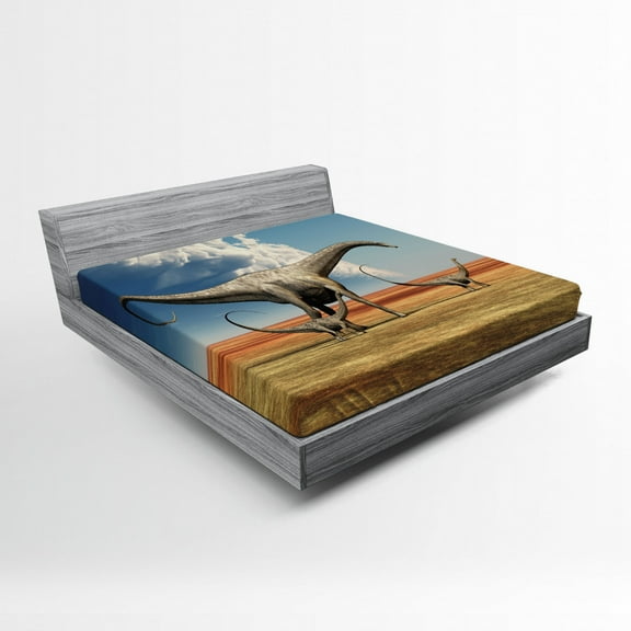 Ambesonne Jurassic Fitted Sheet, Diplodocus Dinasours, Full Size, Khaki Blue Grey