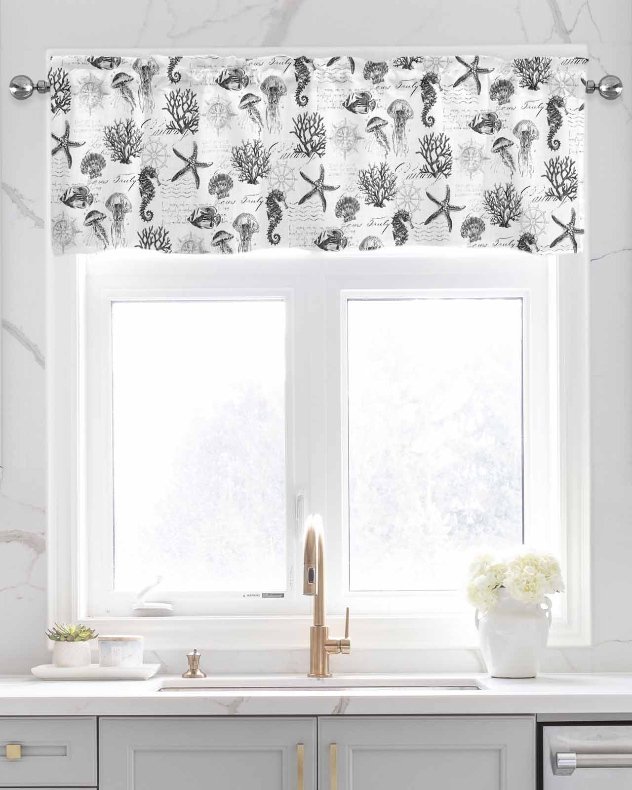 Gray Coastal Kitchen Valances for Windows Farmhouse Linen Window Valance Curtain for Living Room Window Treatment Retro Nautical Starfish Coral Jellyfish Valance Rod Pocket Topper Drape, 42 x 18 Inch