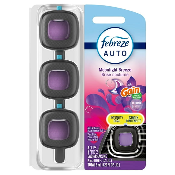 Febreze AUTO Air Freshener, Odor-Fighting Automotive Vent Clip, Gain Moonlight Breeze Scent, 3 Count