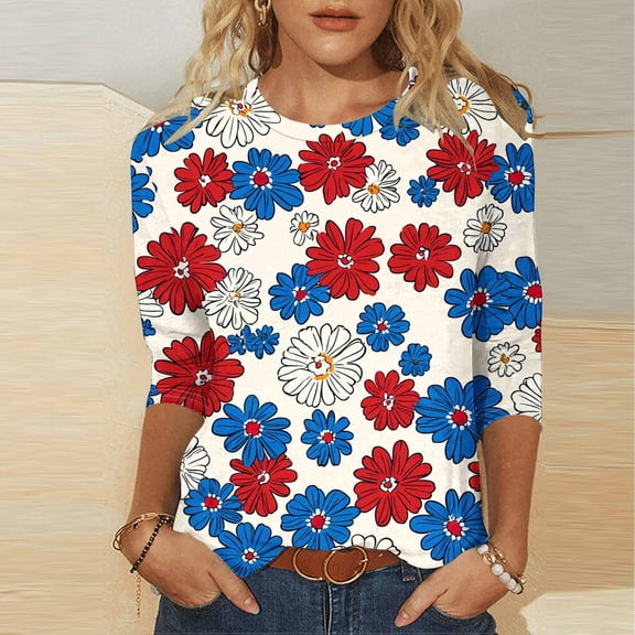 Cavosen Red White and Blue Tops for Women Patriotic 3/4 Sleeve Round Neck Tops American Flag Print T Shirts Lady XL Independence Day Casual Tops 4th of July Tunic Tees 2025 Patriotic Clothes