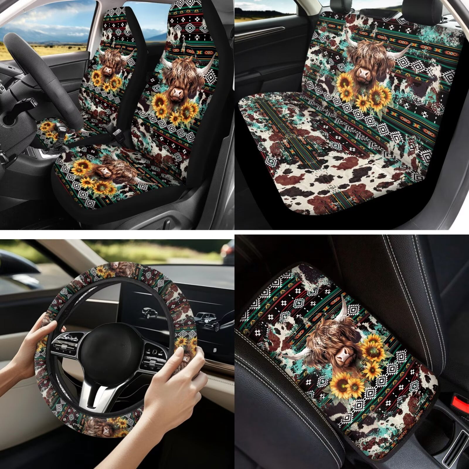 Garronmavis Aztec Highland Cow 13 PCS Car Seat Cover Set Including Steering Wheel Cover, Seat Belt Pad, Coaster, Keychain, Lipstick Cover Universal Auto Accessories