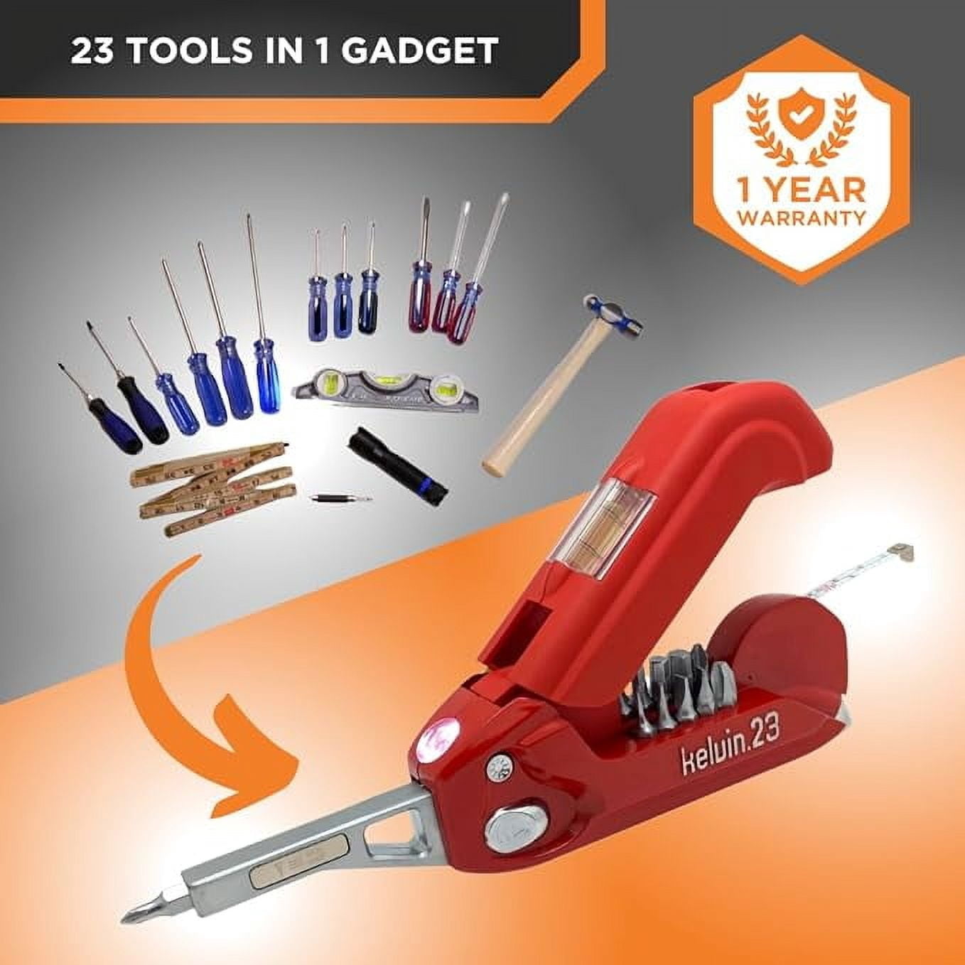 Kelvin Tools Kelvin 23 Urban Multi Tool Screwdriver Set All in One with 16 Bit Set, Tape Measure, Liquid Level, Hammer, Flashlight Multibit Pocket Screwdriver, Universal Precision Screwdriver