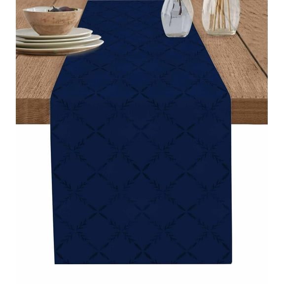 Table Runner Dresser Scarves 60 Inch Long,Minimalist Buffalo Plaid on Navy Blue Linen Dining Table Runners Modern Stripe Diamond Art Tabletop Scarf for Wedding Holiday Party Kitchen