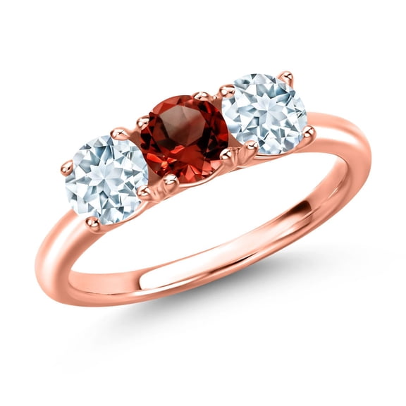 Gem Stone King 18K Rose Gold Plated Silver Red Garnet and Sky Blue Aquamarine Engagement Ring for Women | 1.55 Cttw | Round 5MM | Gemstone January Birthstone | Size 5