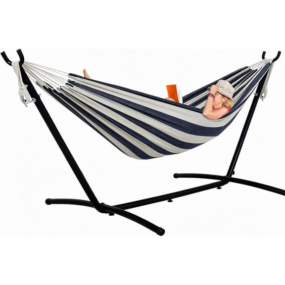 NeoNiches Portable Hammock with Stand, Free Standing Hammocks for Indoor Outdoor Patio Yard, Has a Carrying Bag and Pillow, 9ft Hamacas Heavy Duty 2 Person Amaca 450 lbs Capacity(Black White)