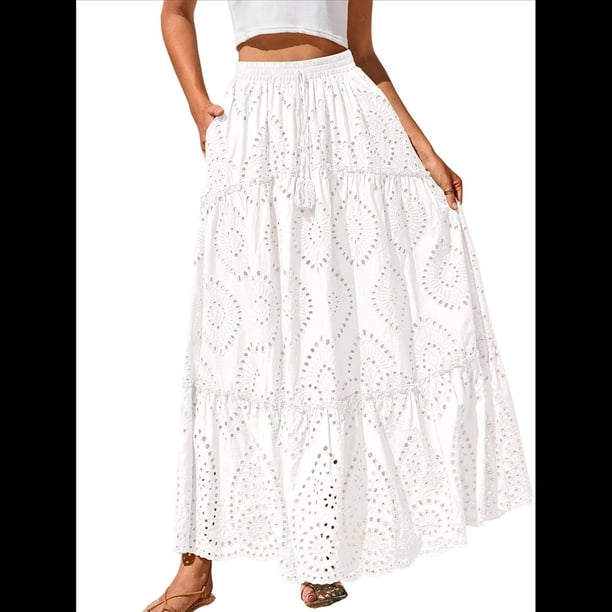 Falda Larga Playera Estilo Bohemio Informal de Verano 2025 para Mujer, con Encaje Bordado, Ojales, Cintura Elástica, , Escalonada, Corte A. L