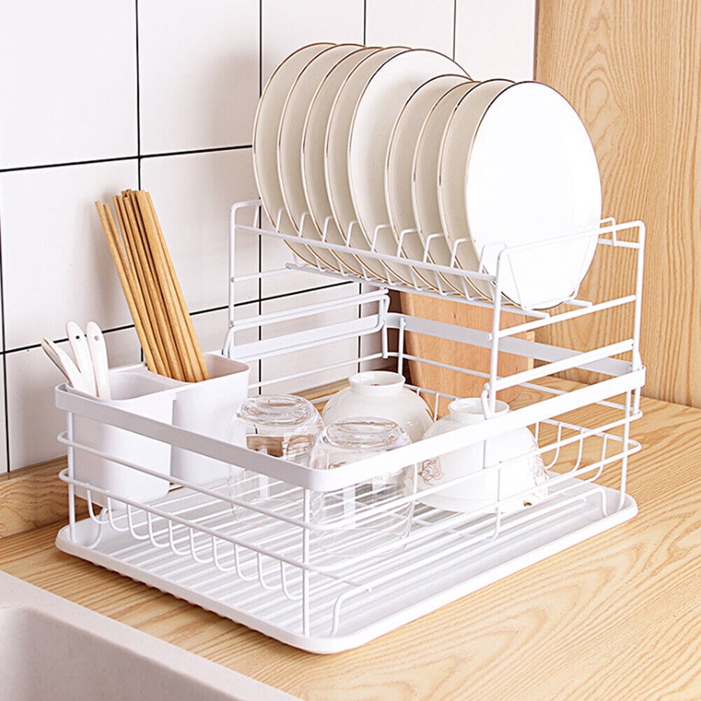 2-Tier Dish Drying Rack with Tray Utensil Holder, Dish Drainer for Kitchen Counter Organizer Storage