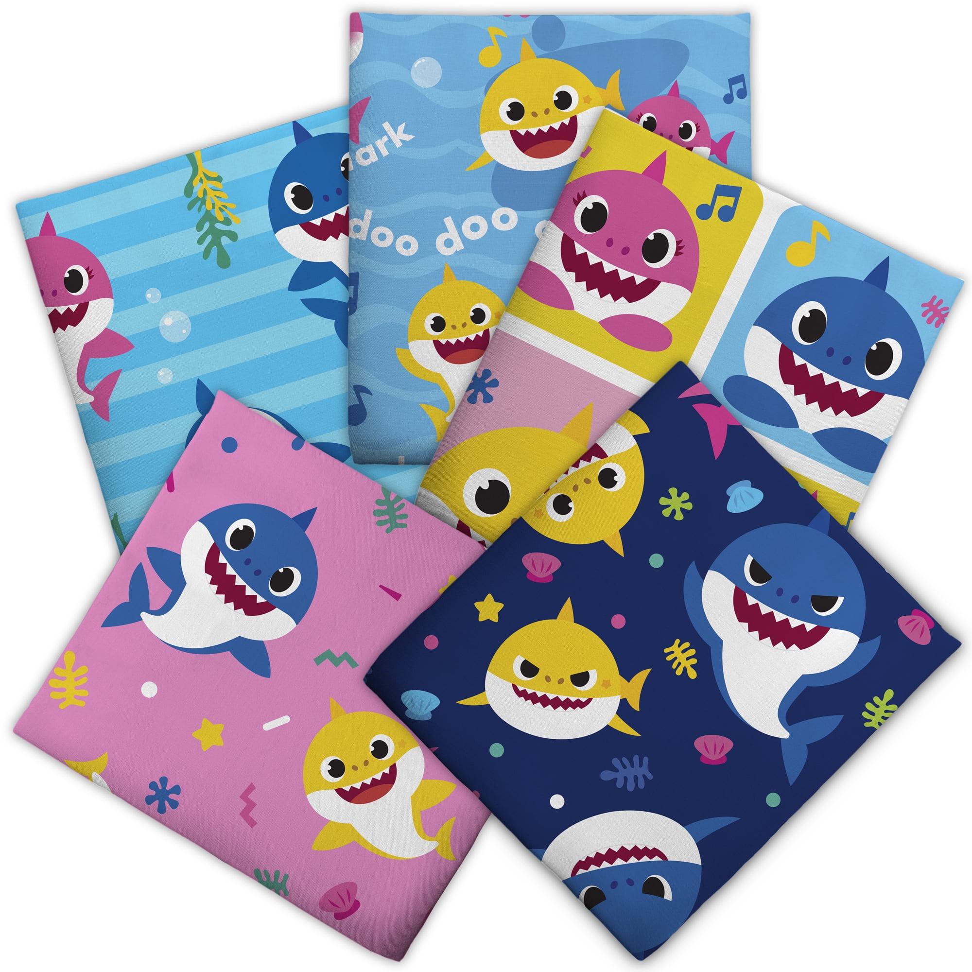 Baby Shark 18" x 21" 100% Cotton, Multi-color, for Quilting & Sewing, 5 Pieces