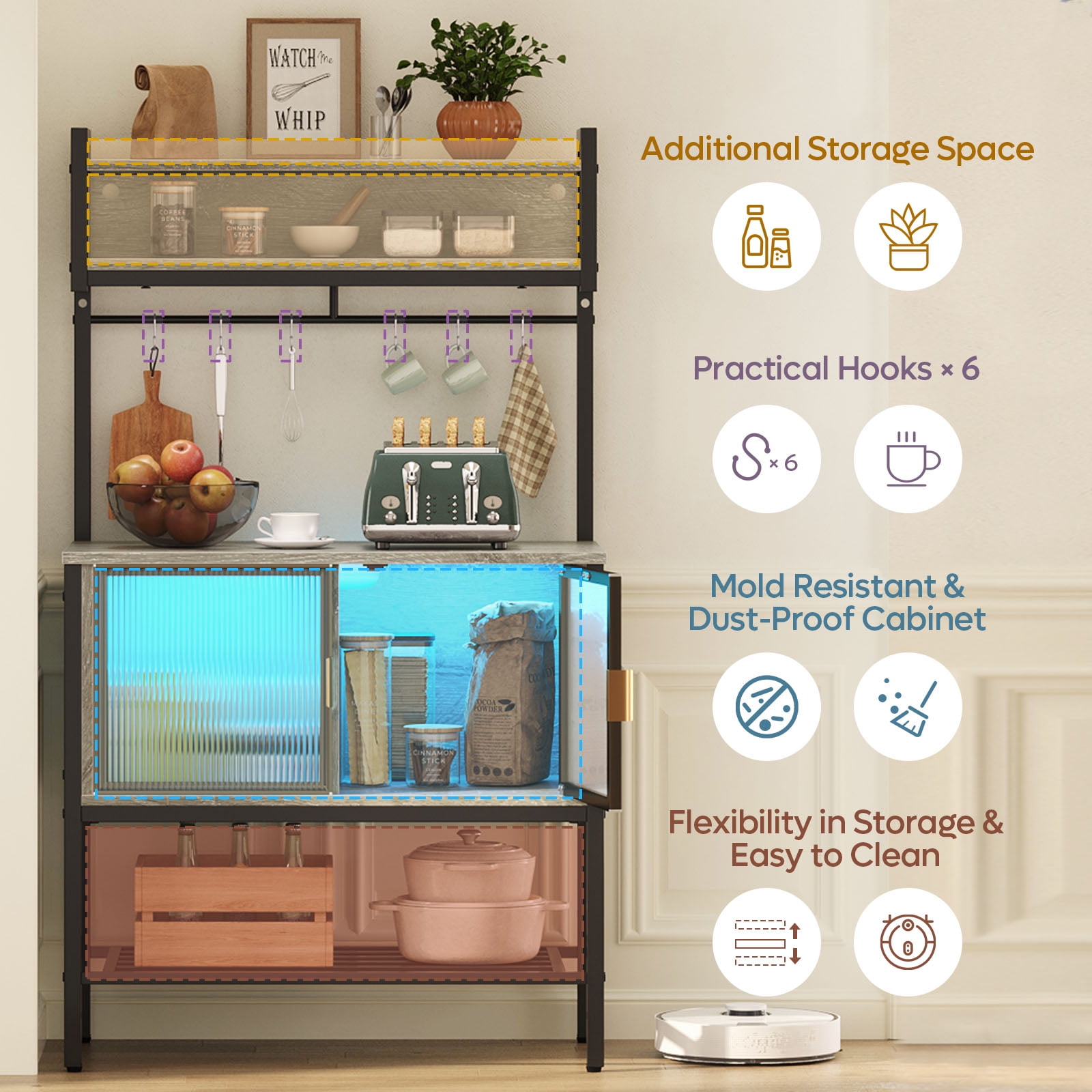 Bestier 59" Coffee Bar Station with Cabinets,  5-Tier Microwave Stand with Storage & LED Lights, Kitchen Bakers Rack in Grey