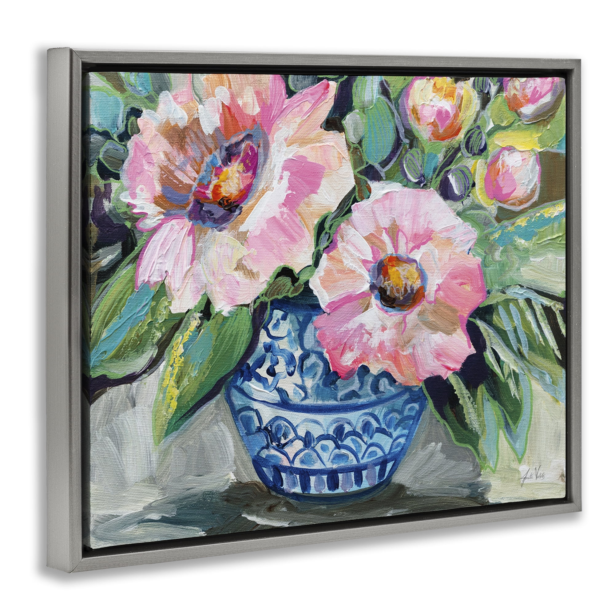 Stupell Industries Pink Gerber Daisy Bouquet Plants & Flowers Painting Gray Floater Framed Canvas Art Print Wall Art, 21 x 17