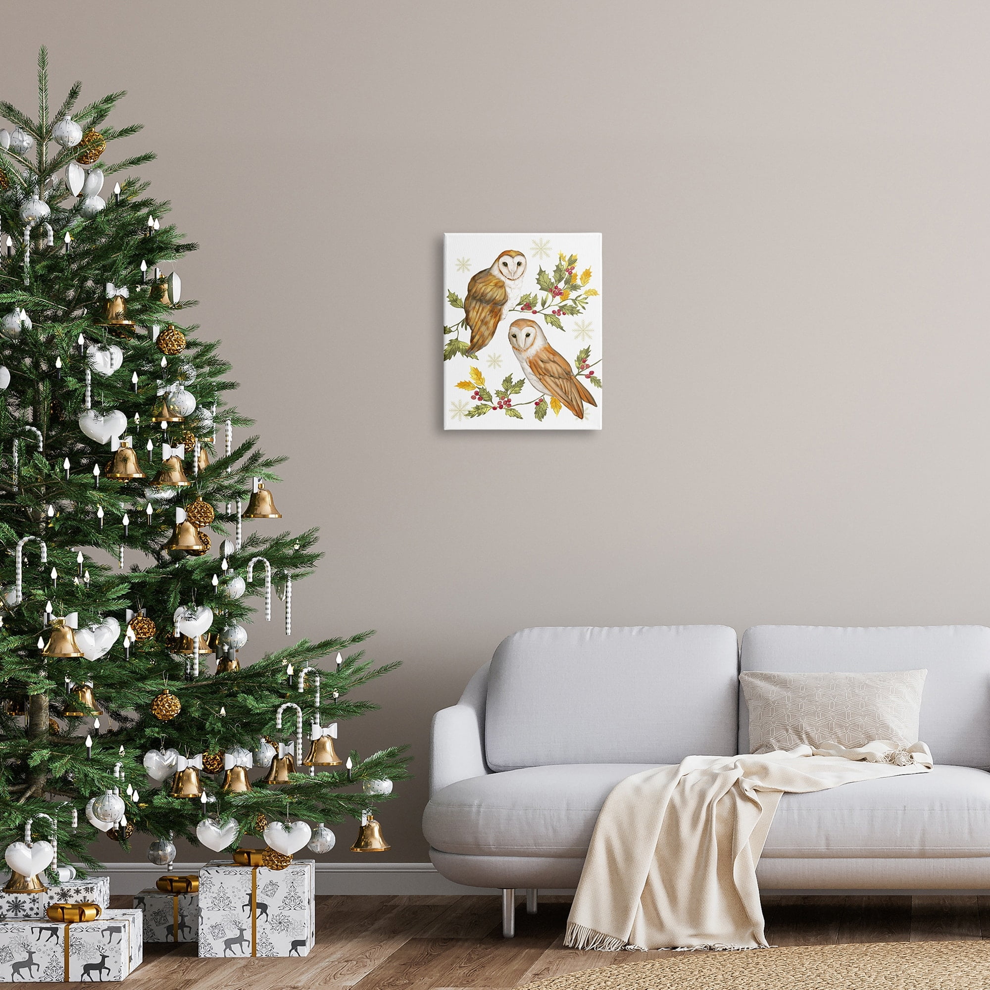 Peaceful Barn Owl Perched Holly Berry Sprigs Animals & Insects Painting Gallery-Wrapped Canvas Print Wall Art
