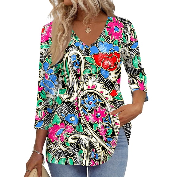 3/4 Sleeve Blouses For Women Dressy Casual V Neck Summer Tops For Women With Leggings Pleated Curved Hem Tunic Red M