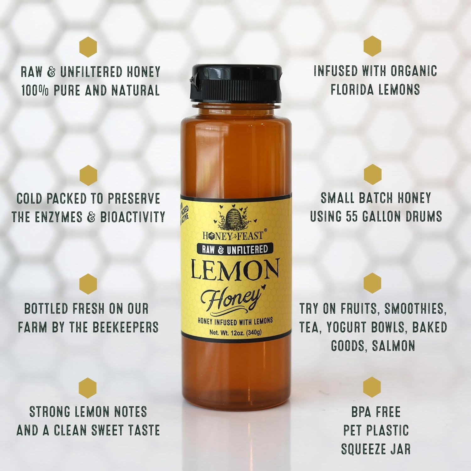 HONEY FEAST Organic Lemon Honey 12OZ (Pack of 3) | Zesty Florida Lemon Infused Honey | Unfiltered & Pure | Enhance Your Culinary & Tea Experience