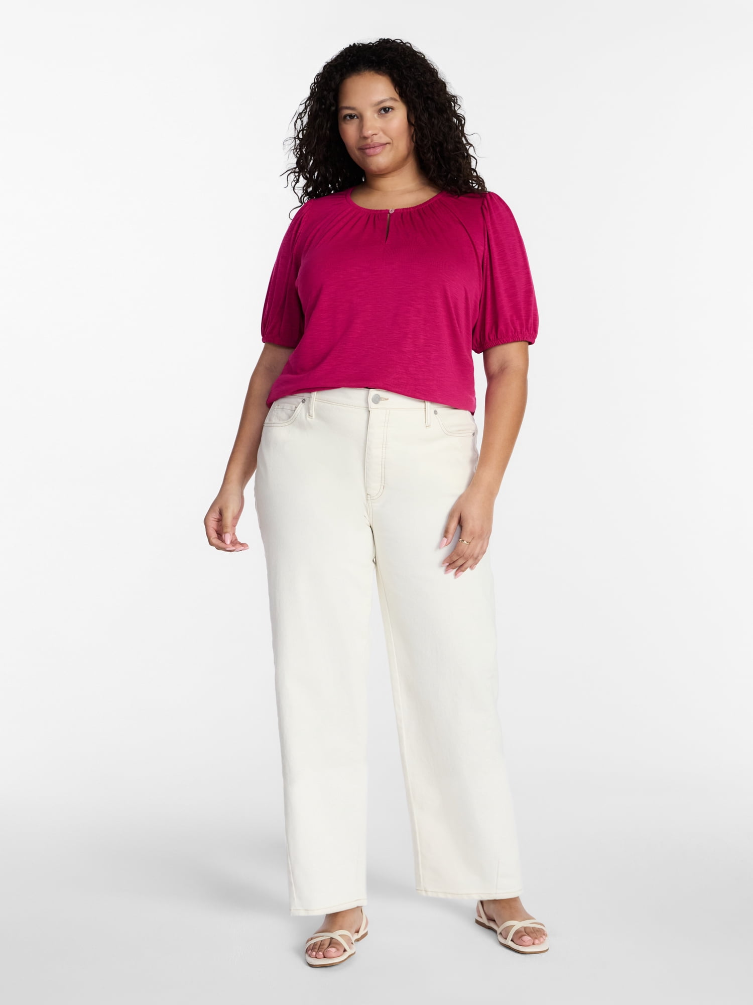Terra & Sky Women's Plus Notch Neck Femme Puff Sleeve Top, Sizes 0X-5X