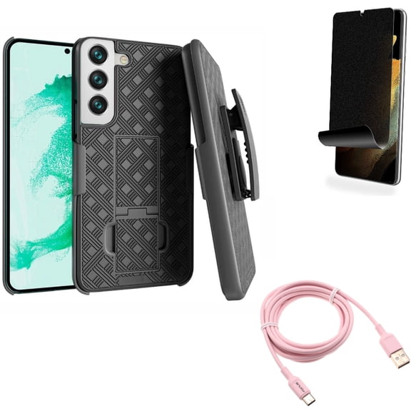 6ft USB-C Cable & Case Belt Clip & Privacy Screen Protector for Samsung Galaxy S22 Plus (S22 ) - Combo Pink Charger Cord Power & Holster Swivel Cover & TPU Film (Fingerprint Works) Anti-Peep