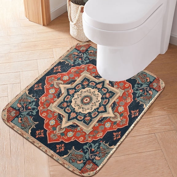 Toilet Rug U-Shaped Bathroom Rugs Non-Slip Soft Plush Machine Washable Contour Bath Mat Red Boho Mandala 24x20