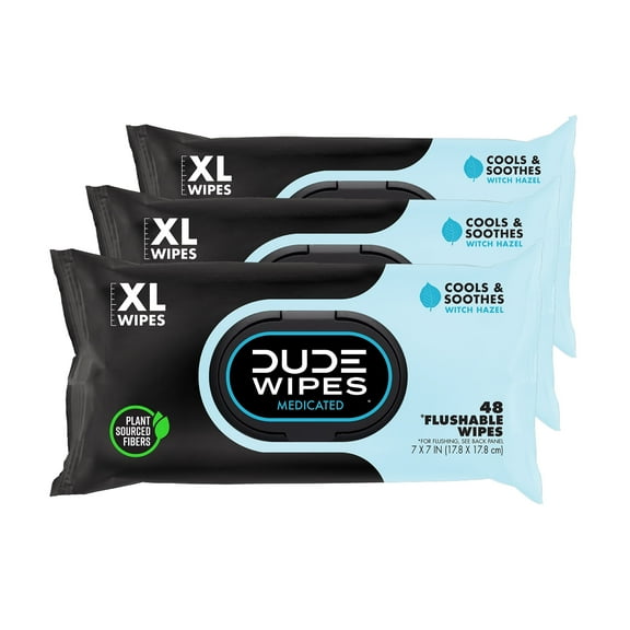 DUDE Wipes Medicated Flushable Wipes - 3 Pack, 144 Wipes - Unscented Extra-Large Wipes with Maximum Strength Medicated Witch Hazel - Septic and Sewer Safe Medicated Wipes