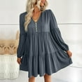 thumbnail image 2 of Besolor Casual Dresses for Women V Neck Button Long Sleeve Fall Spring Dresses Ruffle A Line Flowy Vacation Mini Dress, 2 of 7