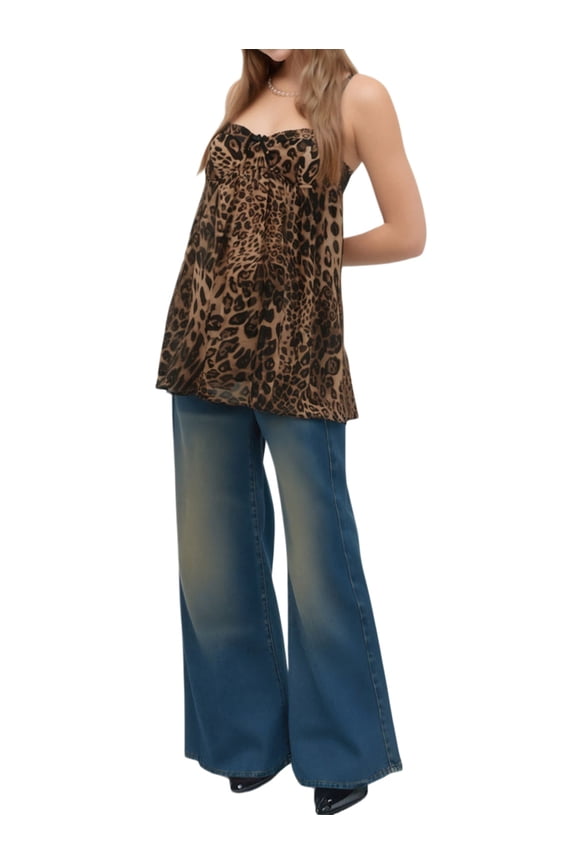 Women'S Y2K Leopard Print Babydoll Camis Tops Strappy Flowy Peplum Tank Tops Camisole Leopard Print S