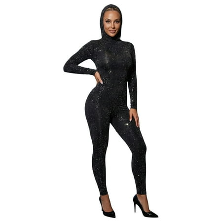 Daznico Long Sleeve Jumpsuit with Hood Backless Bodysuit Slim Fit Romper for Casual Outings Mardi Gras Clothing S