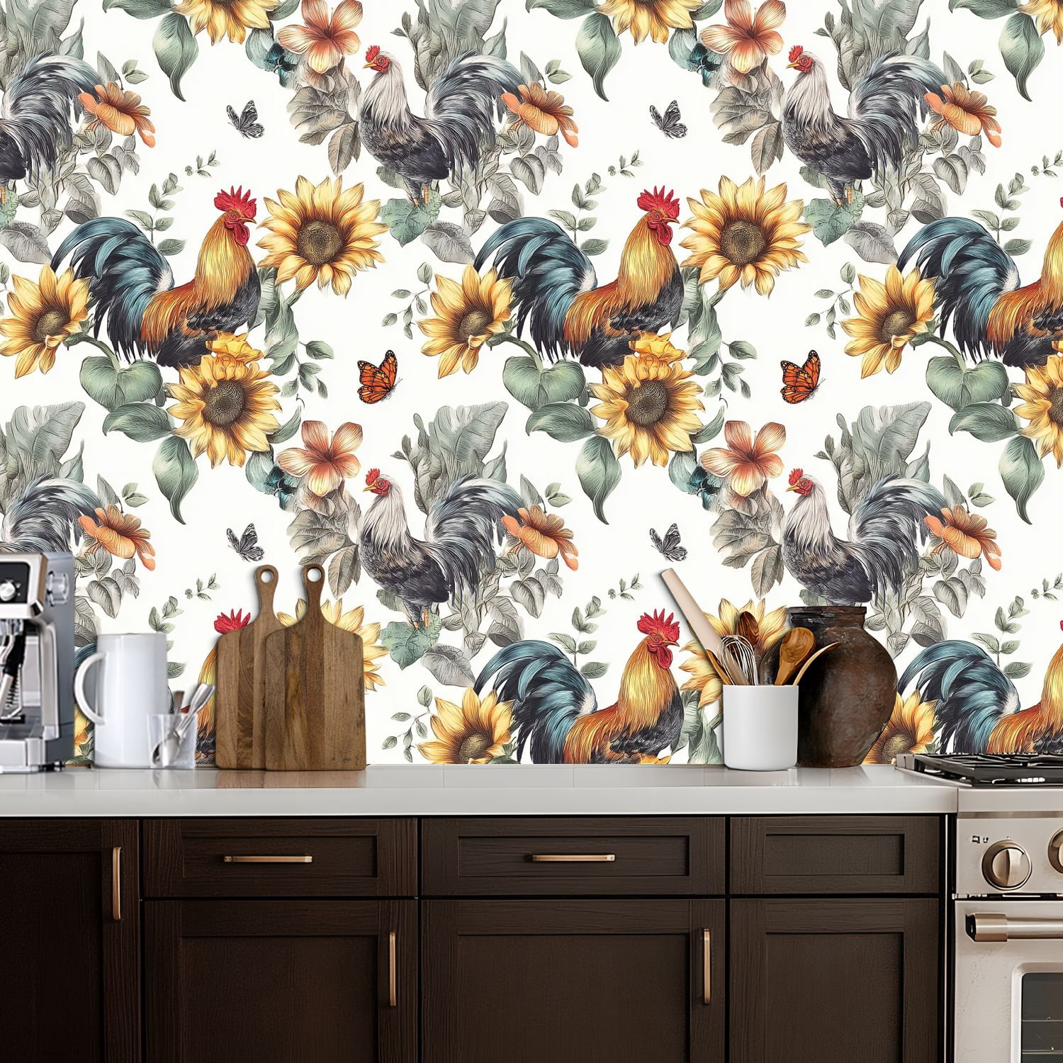 Peel and Stick Wallpaper 17.7in x 9.8ft Farmhouse Rooster Sunflower Floral Contact Paper Vinyl Self-Adhesive Removable Wall Paper for Bedroom DIY Home Decor Renter Friendly