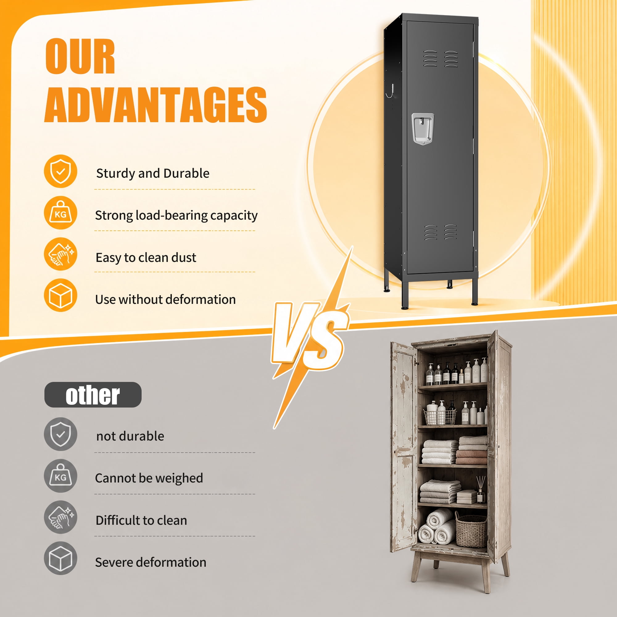 HOQBN 55" Tall Metal Wardrobe Cabinet,Waterproof Steel Clothing Storage Locker with Ventilated Door,Lock & Side Hooks,Vertical Bedroom Wardrobe for Small Apartment Home Office,Black