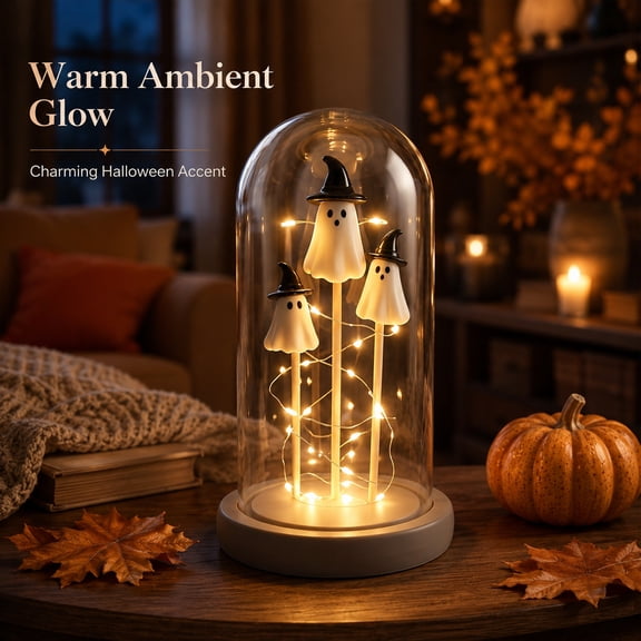 Halloween Ghost Night Light with Glass Dome, Witch Ghost 3D Printed LED Lamp with Warm White Glow, Battery Operated Tabletop Decoration for Bedroom Shelf Mantel and Home, White-A