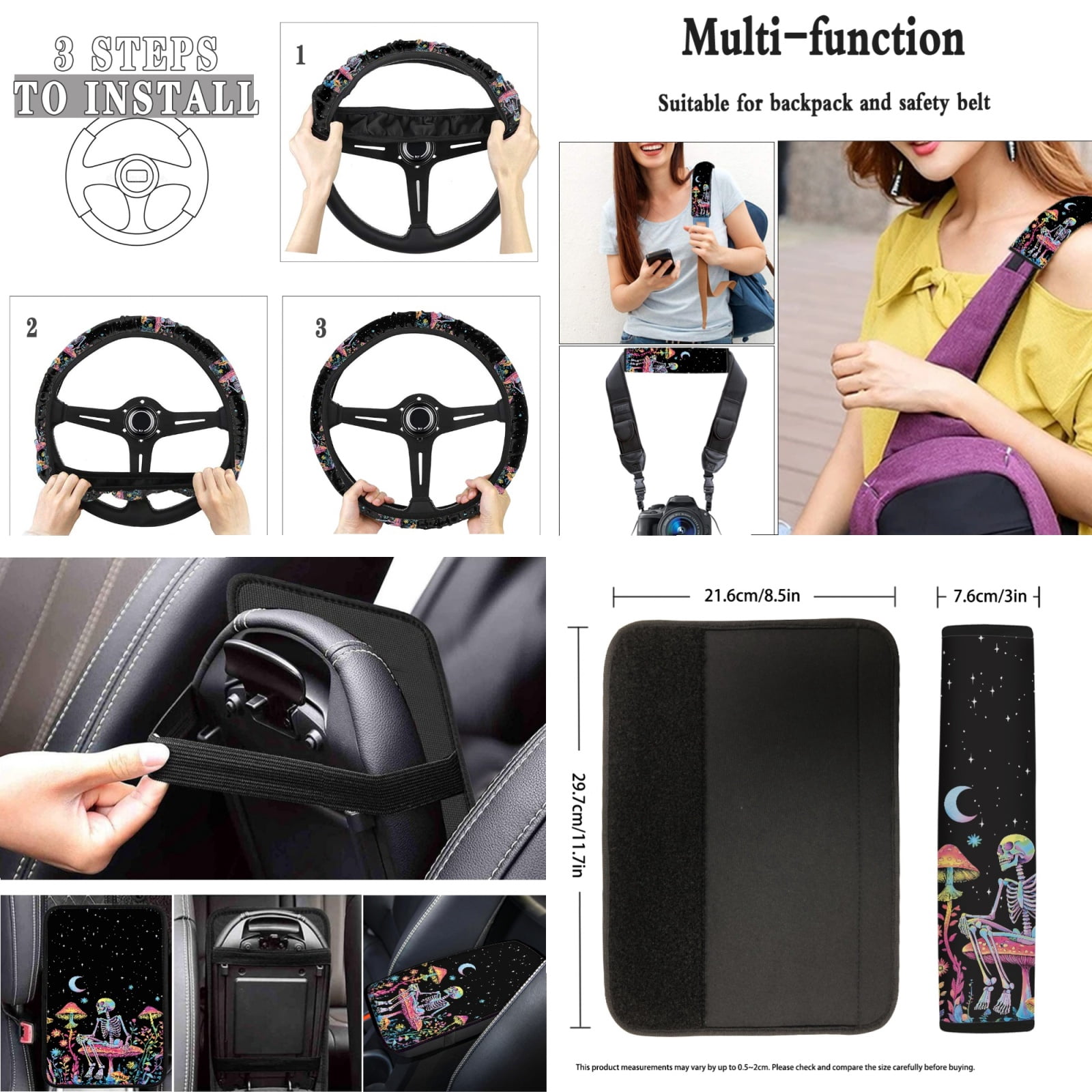 Jeiento Skull Car Seat Cover Set Car Floor Mats Steering Wheel Cover Seatbelt Cover Keychains Armrest Cover Keychain Aesthetic Mushroom Lipstick Holder 17 Pieces Auto Interior Accessories