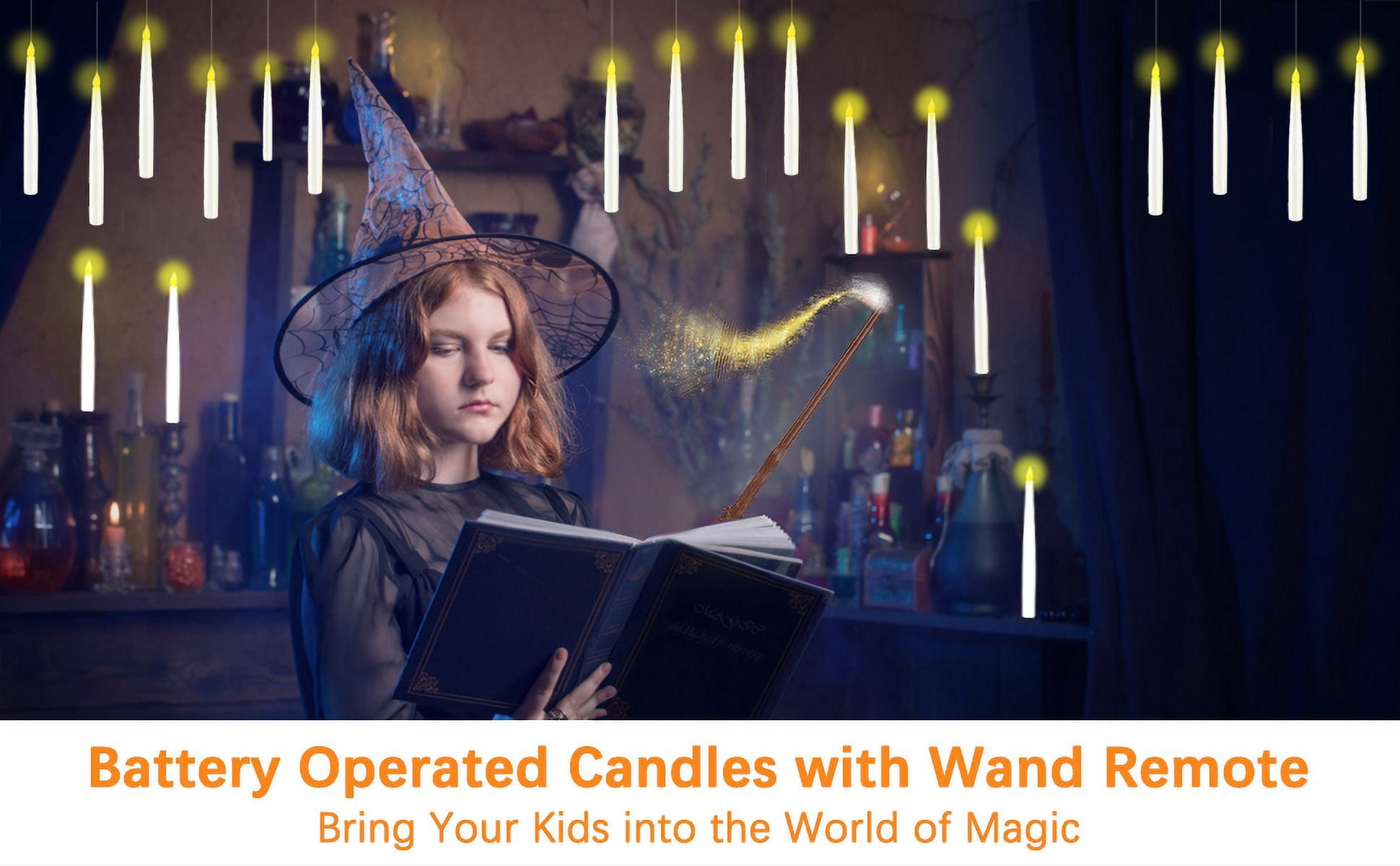 Magic Wand Remote Timer-Controlled Floating Candles Set 12pcs - Flameless, Color-Changing LED Candles with Plastic Taper Design for Magical Proposals, Birthdays, and Halloween Parties