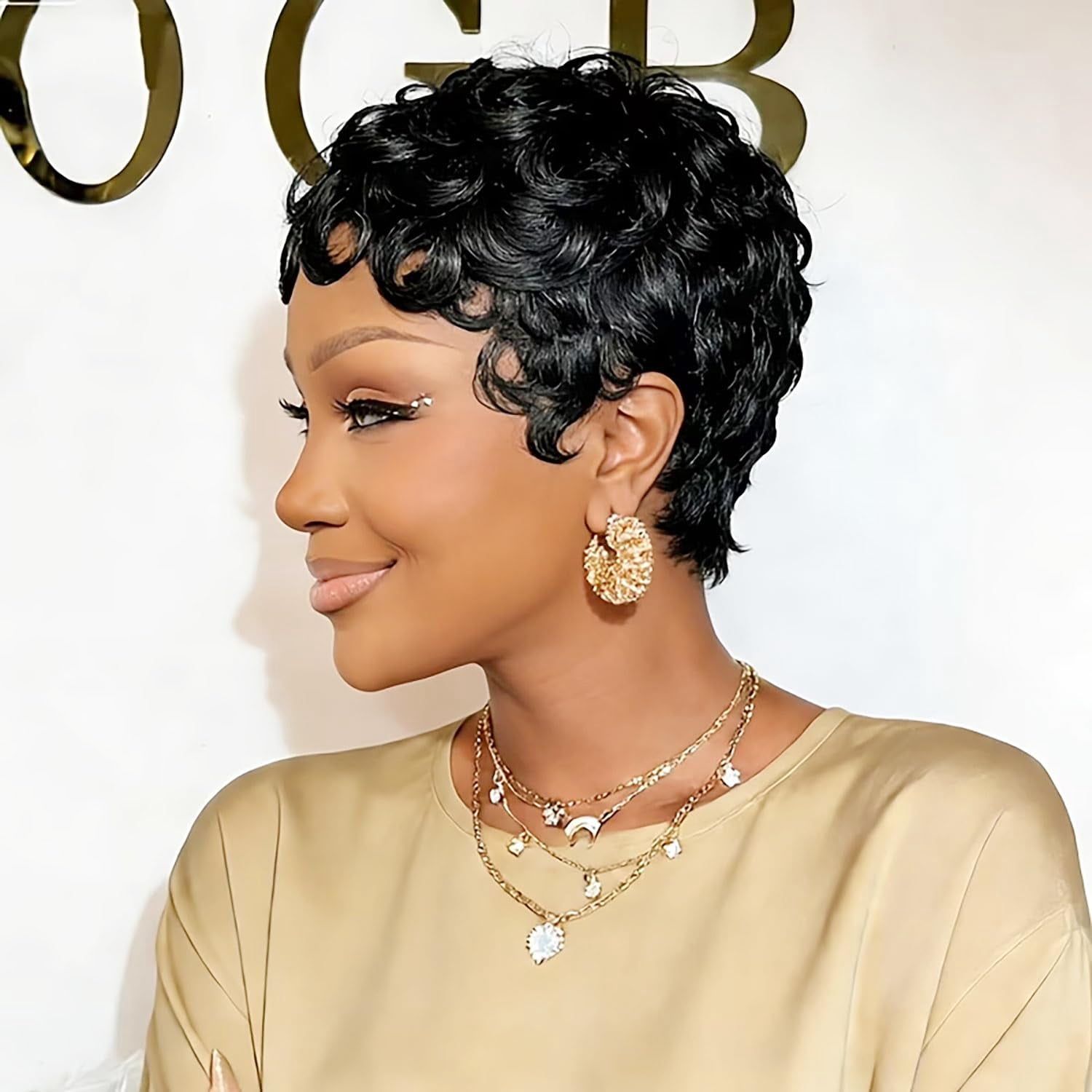 No Glue Pixie Cut Wigs for Black Women Brazilian Curly Human Hair Glueless Short Layered Wigs With Bangs Natural Black Daily Wig