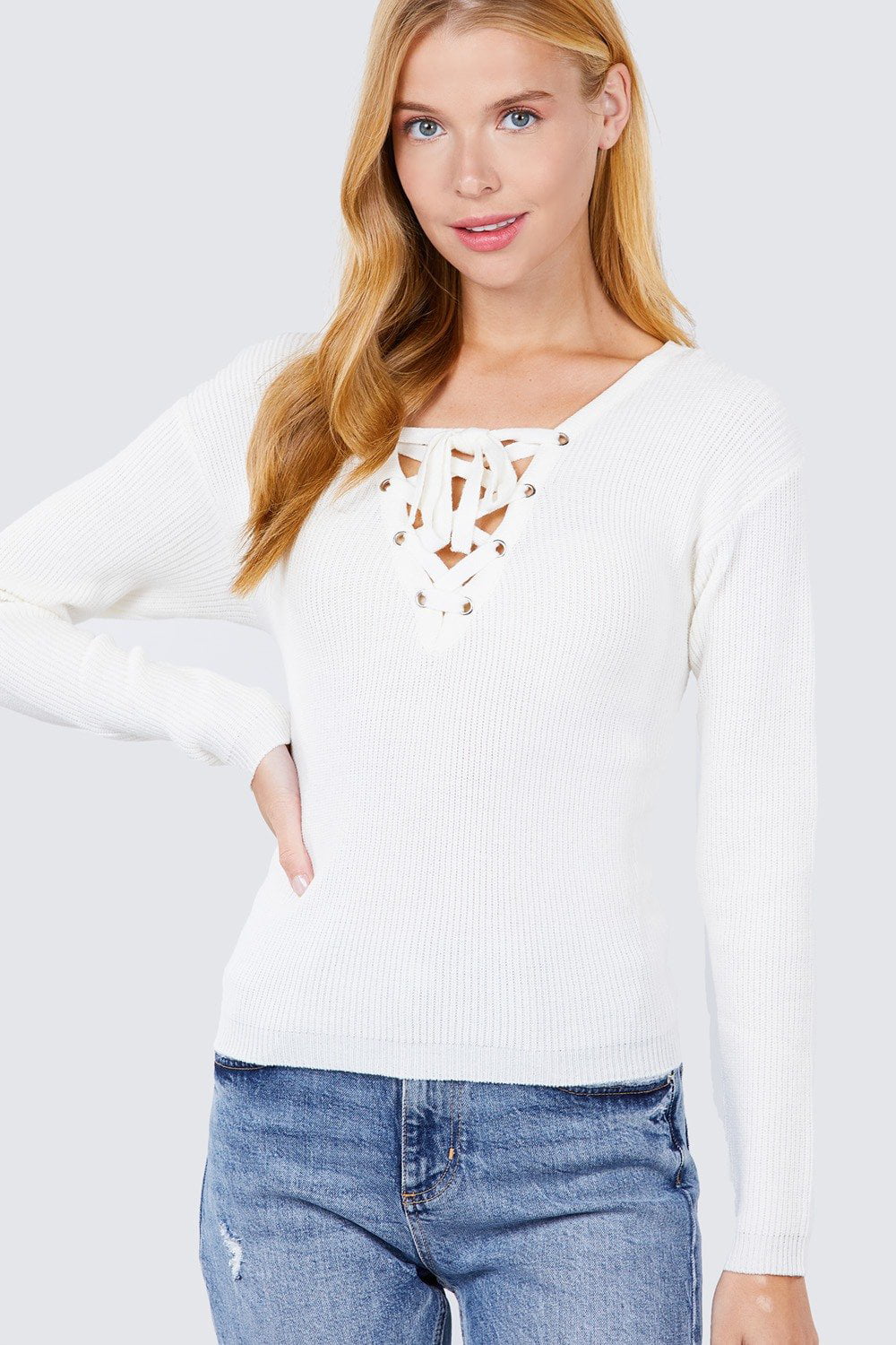 Womens Pullover Jumper Ladies Ribbed Knit Front Back Eyelet Lace Up V Neck Top