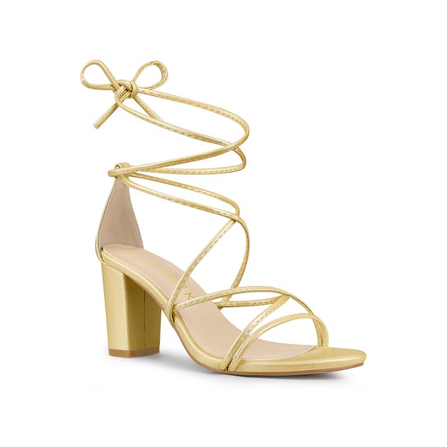 BLISSFUL STEP Chaussures pour Femmes à Bout Ouvert à Lacets Talon Bloc Sandales à Brides Or 11