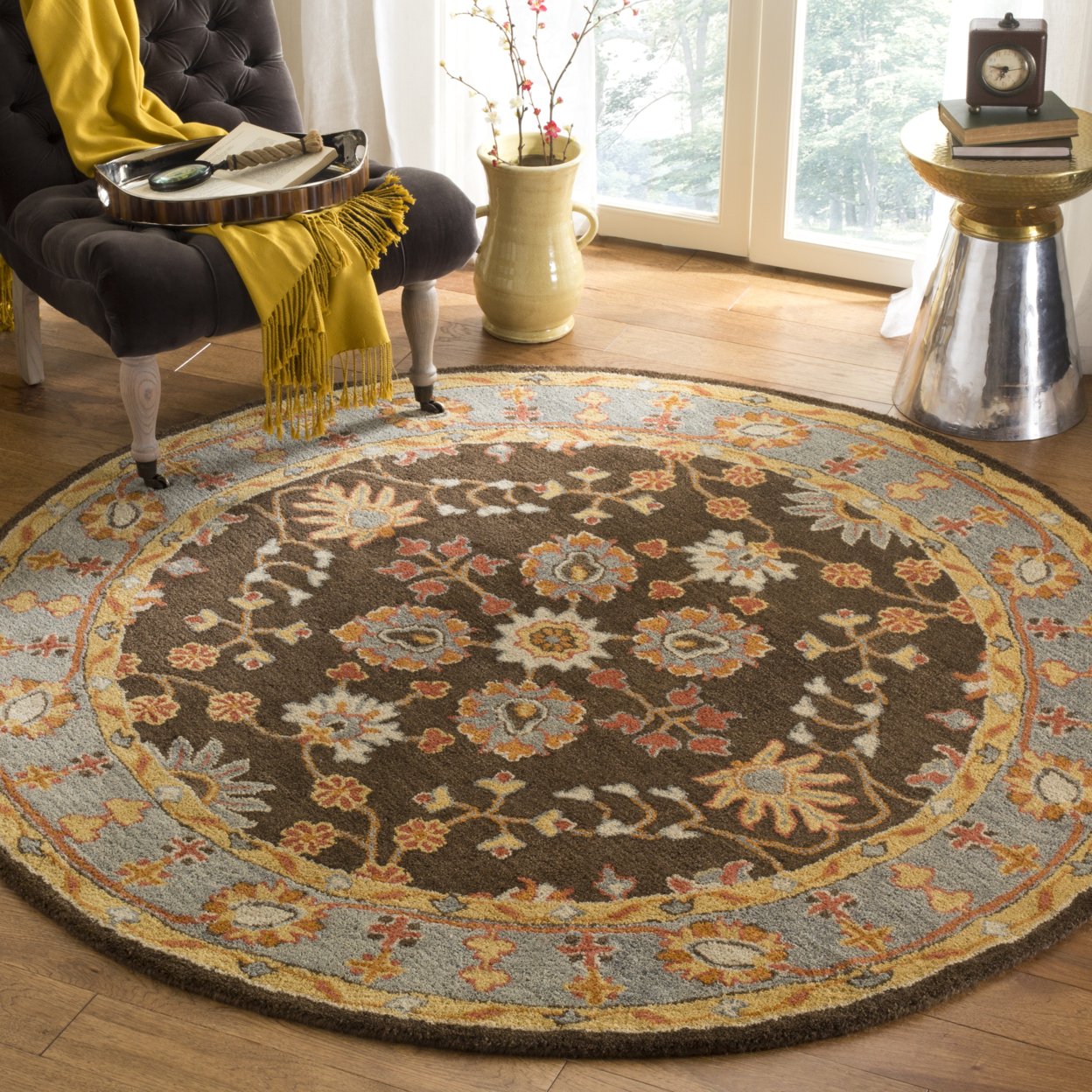 SAFAVIEH Heritage Genette Traditional Wool Area Rug, Charcoal/Blue, 6' x 6' Square