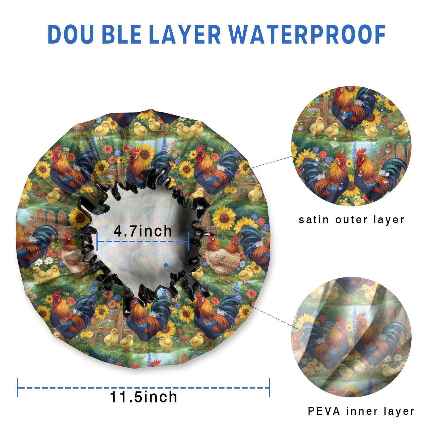 Shower Caps,Green Chicken Sunflower Pattern Waterproof Shower Cap for Women 4 Pieces,Double Reusable Hair Cover for Shower PEVA Elastic Stretch Hem