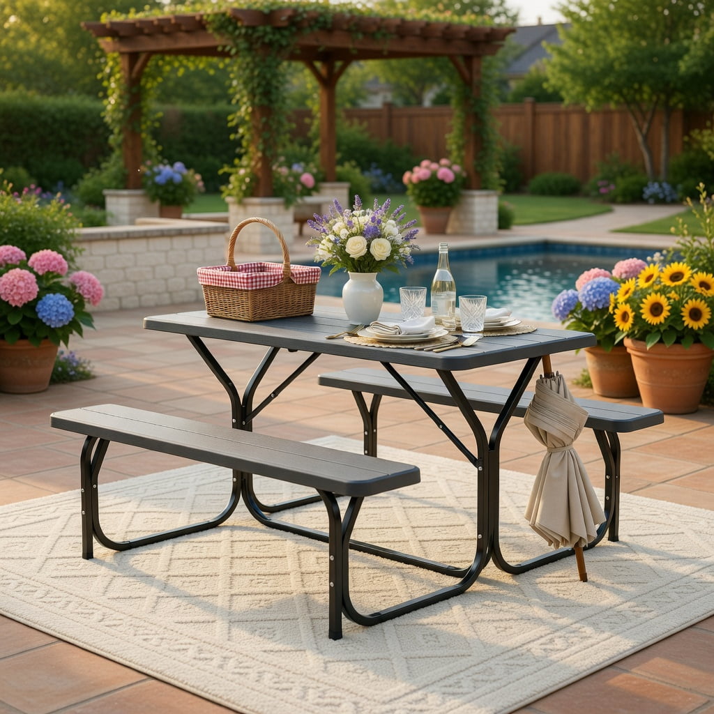 Hommoo Heavy-Duty HDPE Outdoor Picnic Table & Bench Set, Weather-Resistant, Stain-Proof, Black