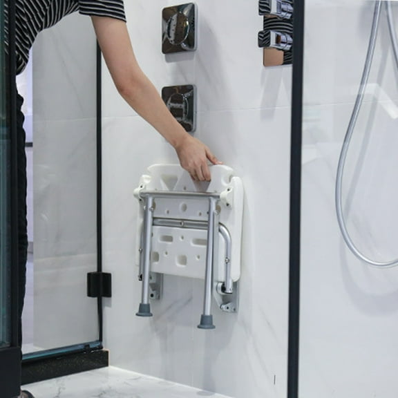 Walmeck Folding Shower Bench Wall Mounted Flip-up Bath Seat Screw-in Bathroom Chair Stool with Feet Drainage Holes Shower Head Slot for Elderly Seniors Disabled